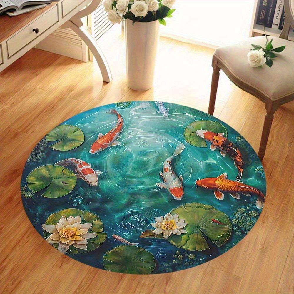 Crystal Velvet Carpet1pc Koi Fish Round Area Mat - 2D Flat Print, Non-Slip Rubber Backing, Hand Wash Only, Vibrant Water Lily Po