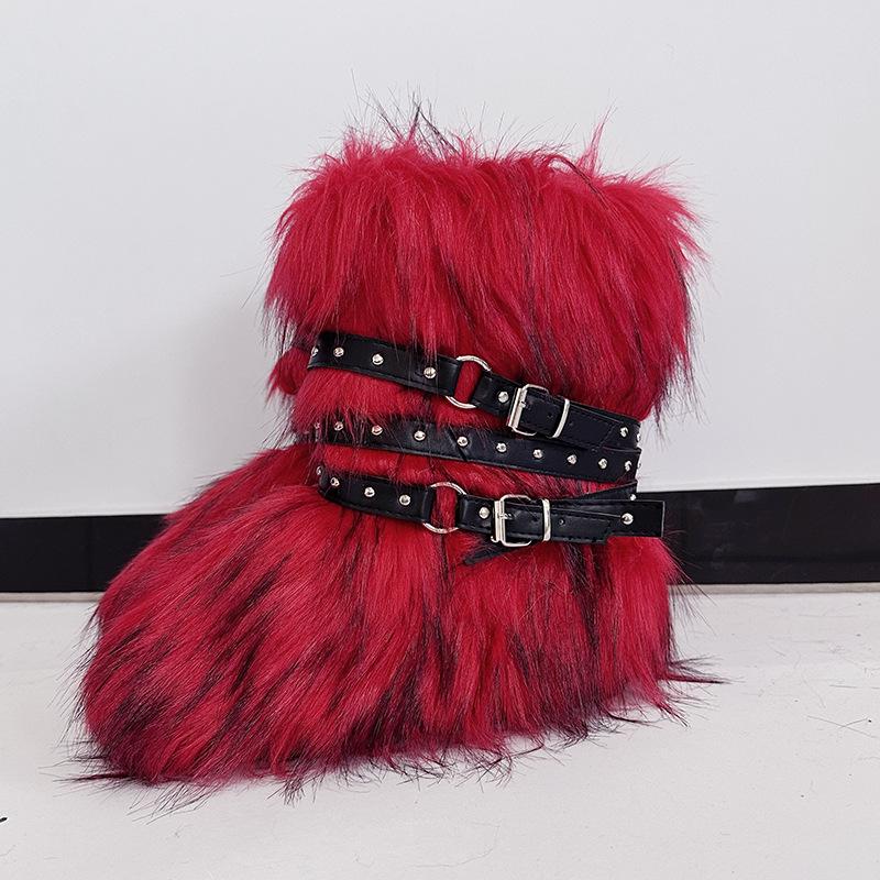 Damen Winterimitat Fuchsfell Stiefel Gürtel Punk Europäisch und Amerikanisch hoher Schaft 40 langer Schaft Schneestiefel Schuhe