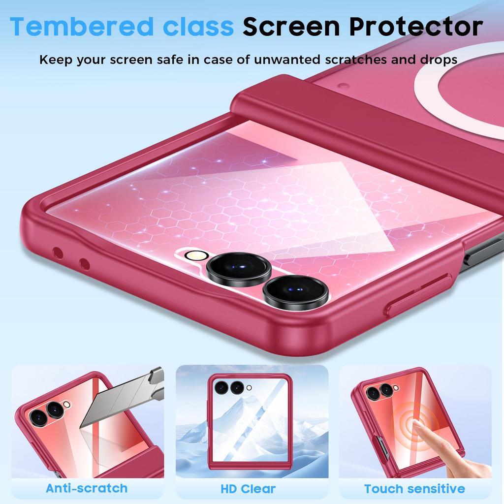 Magnetic Matte Protective Case with Tempered Glass Screen Protector and Hinge Protection for Samsung Galaxy Z Flip 7-Red