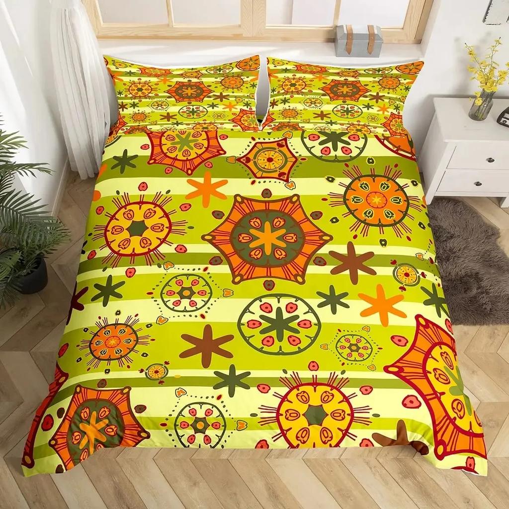 Retro 70er Jahre Hippie Stil Bettbezug Set Queen, Psychedelisches Pilz Bettwäsche Set Regenbogen Blumen Sterne Mond Bettdeckenbezug