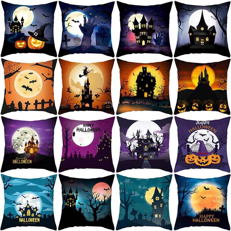 Halloween Pillow Case Cartoon Pumpkin Head Castle Peach Velvet Cushion Home Furnishings