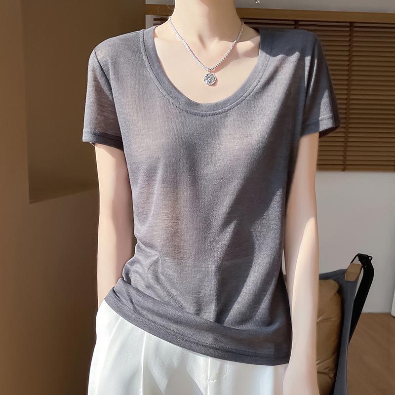 Camiseta Regata Feminina Slim de Manga Curta com Decote U Verão 2025