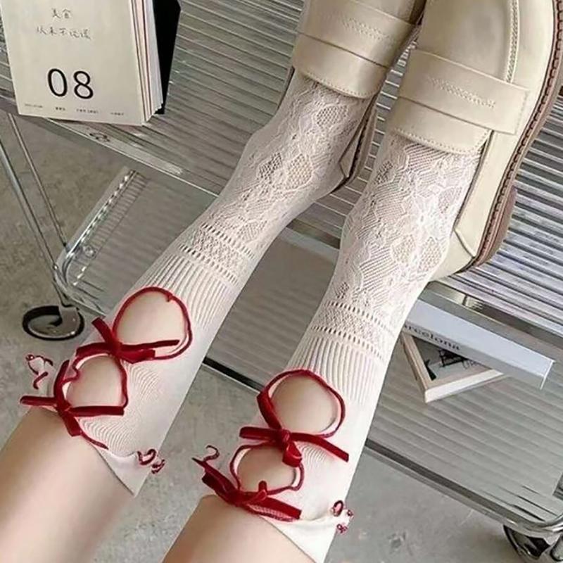 1 Paar Hohlspitze Damen Lange Strümpfe Modisch Vielseitig Geknotet Weiß Lolita-Stil Bequem Atmungsaktiv Lässige Socken