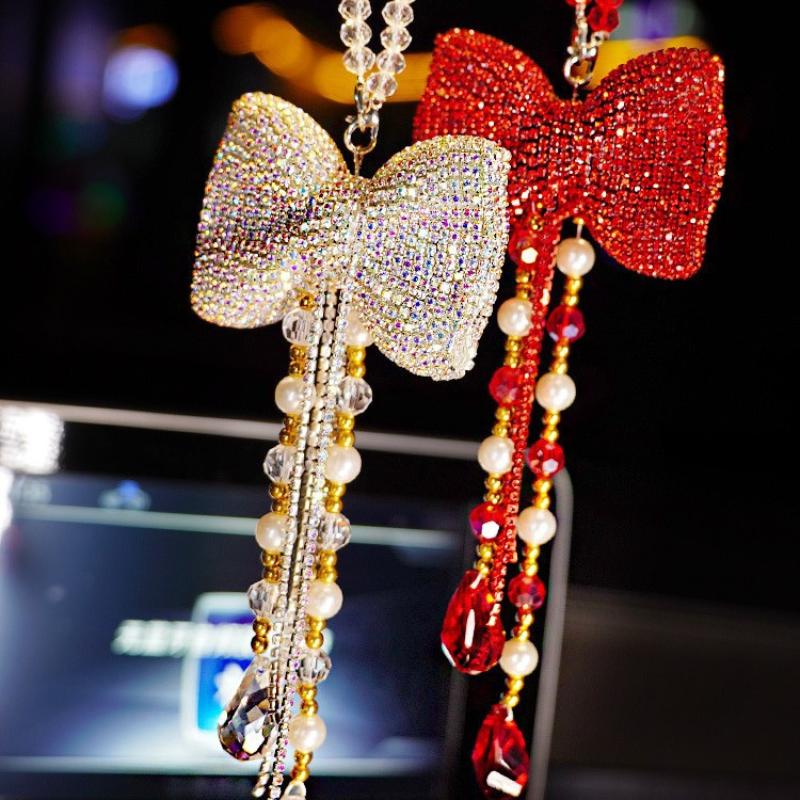 Bowknot Car Pendant Cute Tassels Chain Rearview Mirror Ornament Pearl Car Accessories