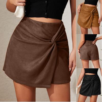 Camurça cor sólida nádegas saia enrolada plissada irregular com zíper saia curta para roupas femininas