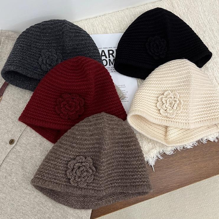 All Wool Flower Hat for Women Sweet and Handcrafted Woolen Knitted Hat  Winter Warm Ear Protecting Hat