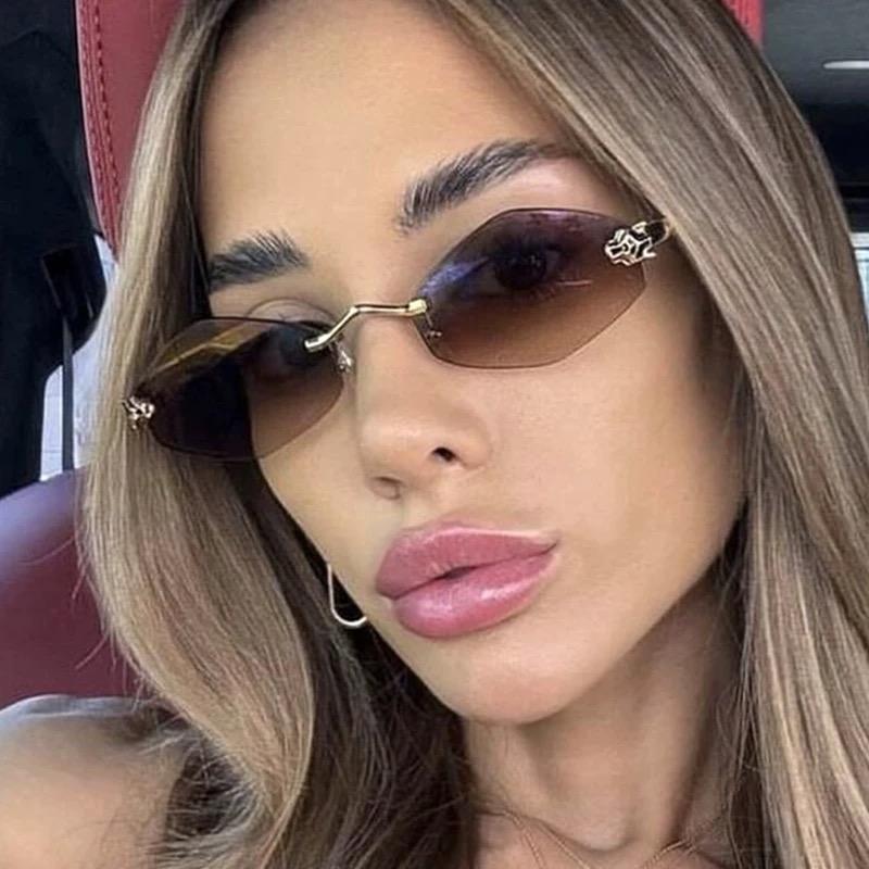 Vintage Rimless Rhombus Sunglasses Women For Men Luxury Brand Designer Popular Punk Hip Hop Metal Leopard Head Sun Glasses UV400