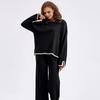 Autumn Winter Contrast Color Open Fork Full Sleeve Knit Suit High Waist Wide Leg Trousers Two Piece Sets