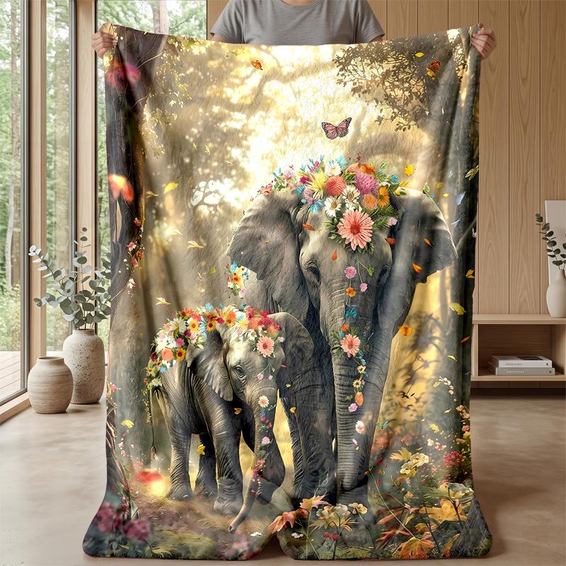 Flowered Elephant with Butterflies Theme Blanket Lightweight Warm Flannel Blanket Decorative Throw Blanket for Home Decoration