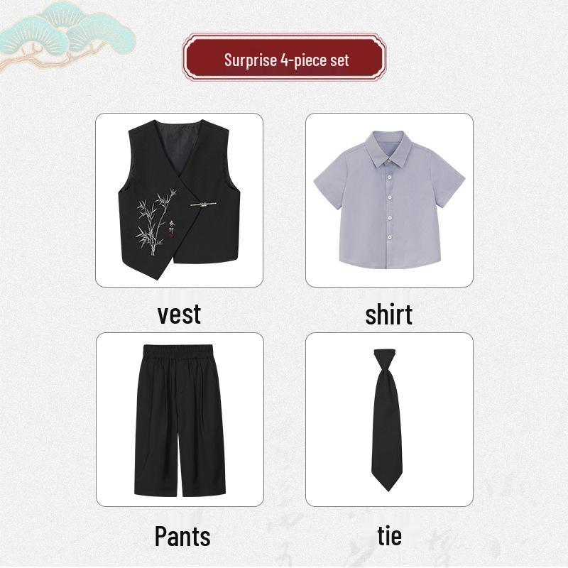 Boys' Chinese-Style Embroidered Velvet Vest and Suit for Autumn/Winter Photography and Performance