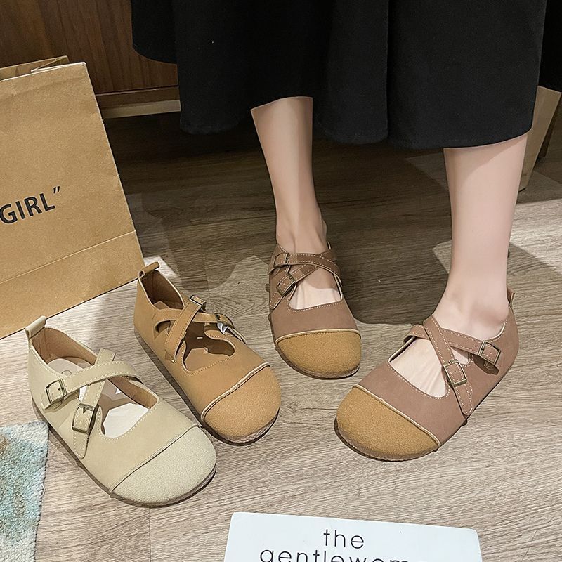 Ballet shoes retro cross-strap single shoes women's flat-soled small leather shoes grandma shoes spring new Mary Jane women's shoes