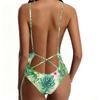 Swimsuit for Women Deep V Neck Backless with Tropical Floral Print Adjustable Straps Bathing Suit