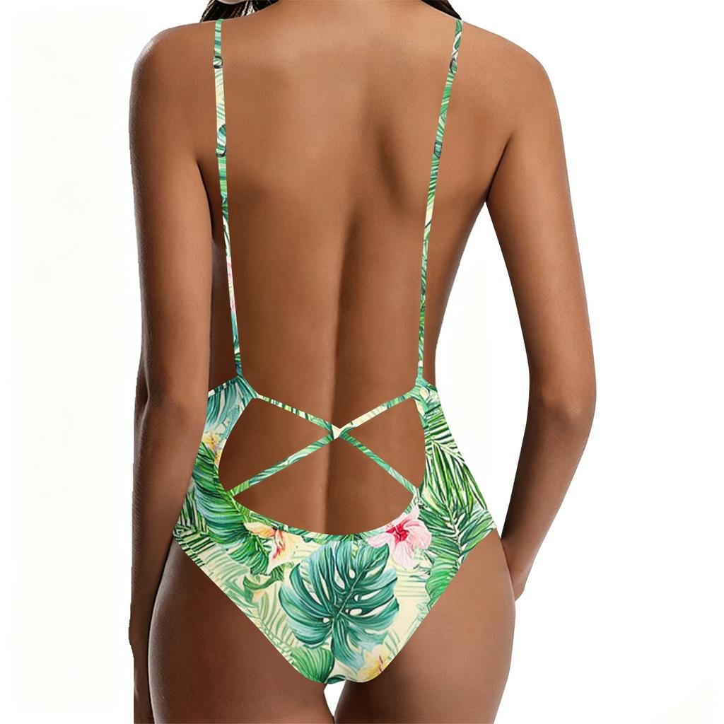 Swimsuit for Women Deep V Neck Backless with Tropical Floral Print Adjustable Straps Bathing Suit