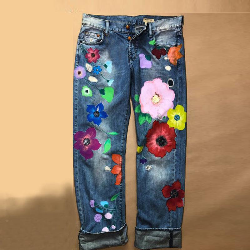 Calças Jeans Retas de Moda Femininas Estampadas Rasgadas de Outono Não Elásticas