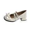 New college style versatile single shoes retro bow high heels elegant round head middle heel Lolita small leather shoes