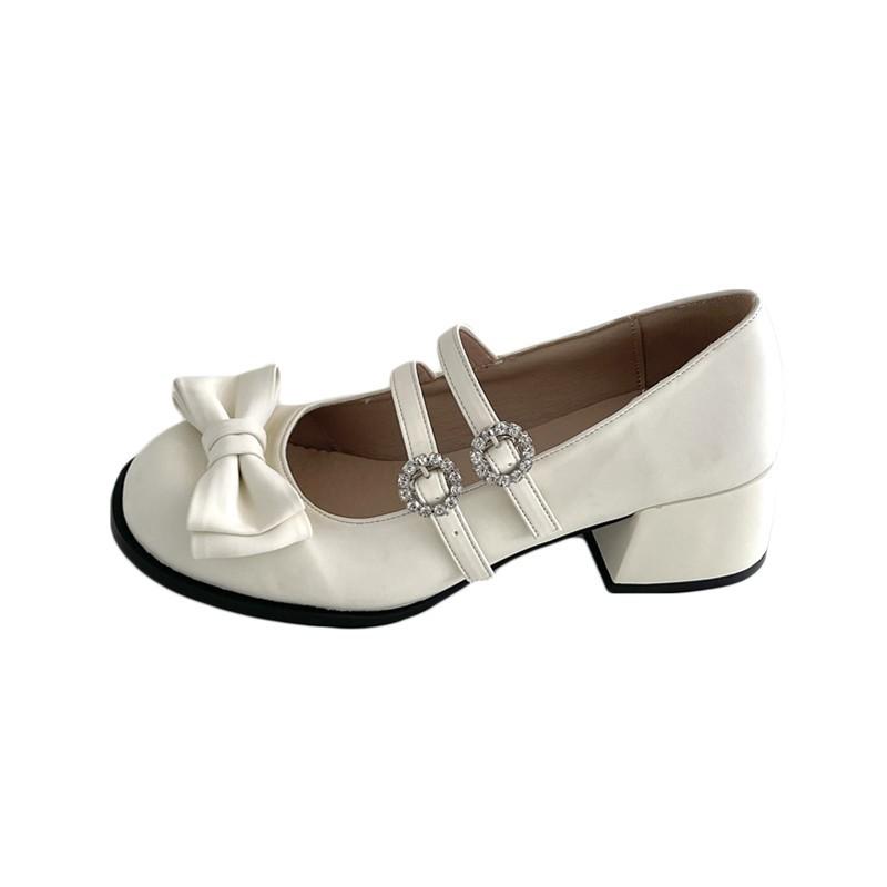 New college style versatile single shoes retro bow high heels elegant round head middle heel Lolita small leather shoes
