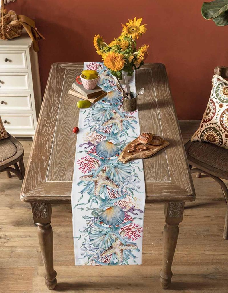 Coastal Coral Shell Starfish Linen Table Runner Holiday Party Decor Summer Ocean Life Kitchen Dining Table Runners Home Decor