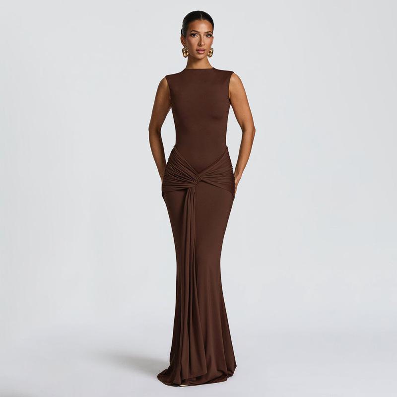 

New autumn fashion slim-fit halter round neck high-waisted sleeveless streamer hip-wrapped dress L коричневий