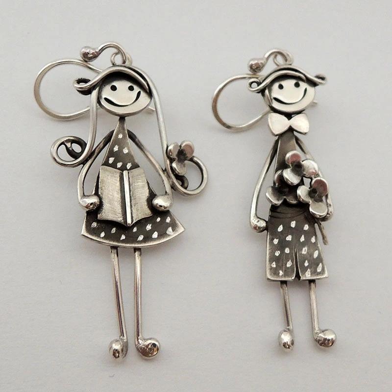 Vintage Silver Color Metal Geometry Carving Small Person Pattern Dangle Earrings for Women Jewelry