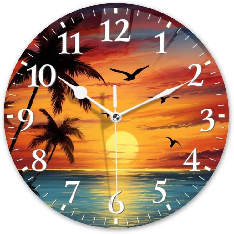 Sunset Wall Clock Non-Ticking Silent Clocks Battery Operated Analog Decor Clock for Home-Beautiful Sunset Over The Ocean with Palm Trees and Birds