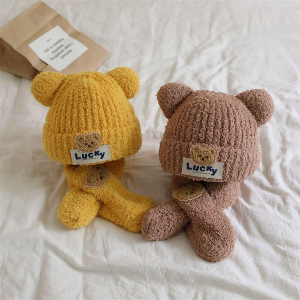 Bear Kids Crochet Hat Solid Color Children's Ear Protection Hat Winter Baby Hat with Scarf  Boys
