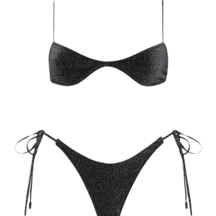 Black Sequin Bikini with Chest Pads: European & American Style, Sleeveless, Split, Backless Swimsuit