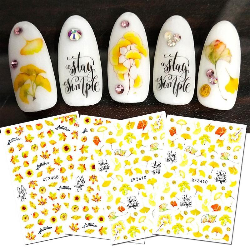 12 Sheet/set 3D Nail Stickers Autumn Winter Maple Leaf Transfer Sliders Paper Nail Decals for Manicures Wraps Tip