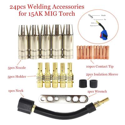 15AK Torch Gun Consumables 24pcs Gas Nozzle Tips  Goose Neck for MB 15AK MIG Welding Torch