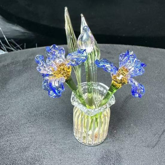 1 Set Glass Flower Bouquet with Vase Hand-Blown Mini Flower Decoration Home Living Room Handmade Simulation Floral Ornament with Stem
