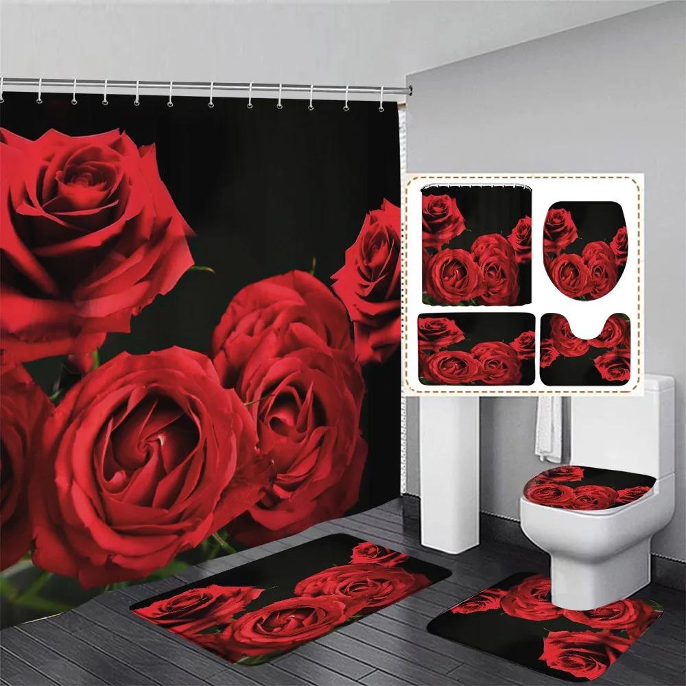 Valentine'S Day Shower Curtain Set Red Heart Shaped Rose Flowers Lovers Gift Home Bathroom Decoration Bath Mats Toilet Lid Cover