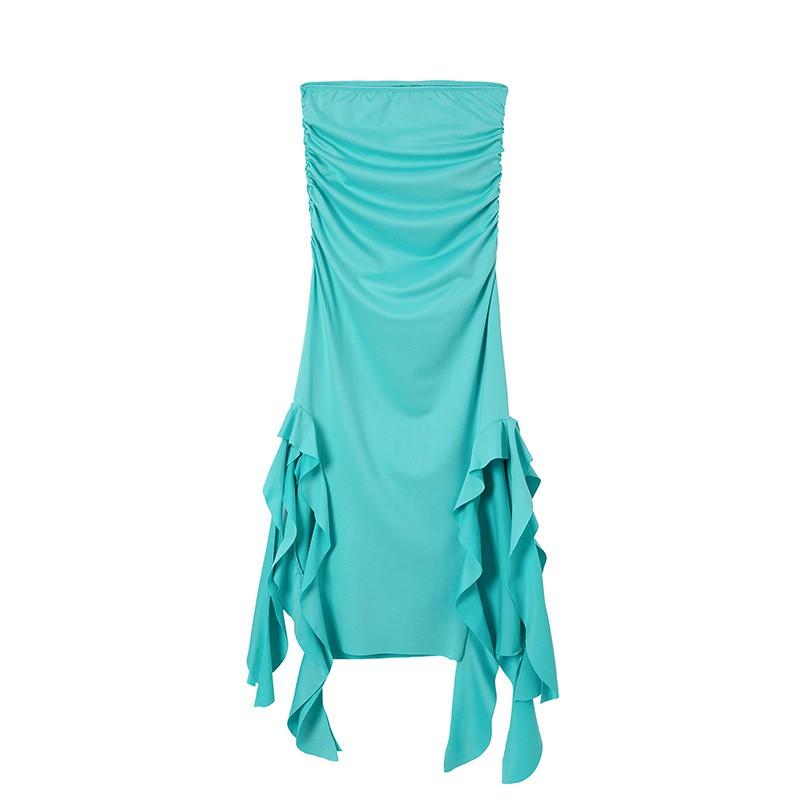2026 Womens Off-Shoulder Tube Top Bodycon Asymmetrical Hem Pleated Maxi Dress Solid Color Street Chic