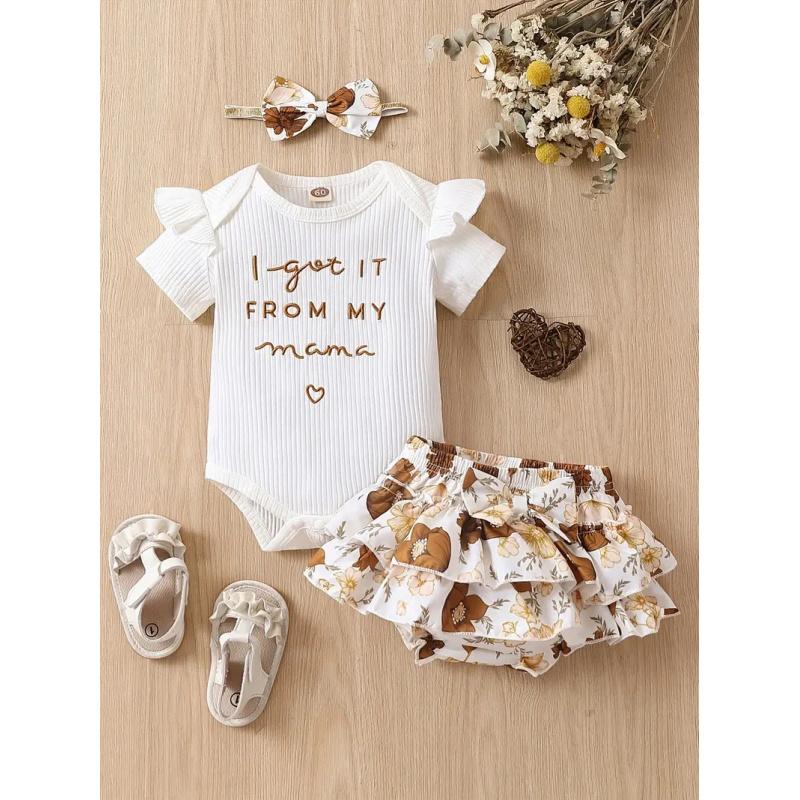 Nuovo Outfit Estivo Stile Fatina Abbigliamento per Bambini Tuta con Pantaloncini Set Abbigliamento Estivo Floreale Dolce Piccola Principessa