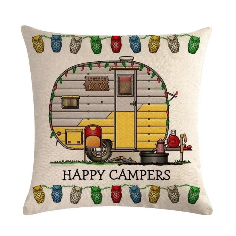 Новые мультяшные наволочки для подушек для караванинга Happy Campers, горячие льняные наволочки, современные декоративные наволочки для диванных подушек для гостиной 16x16Inch