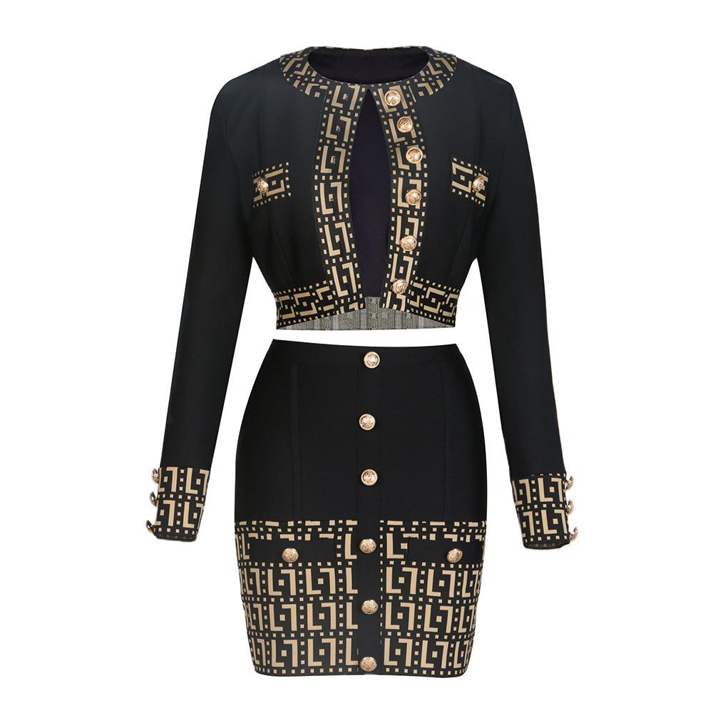 Gold Button Jacquard Color Block Short