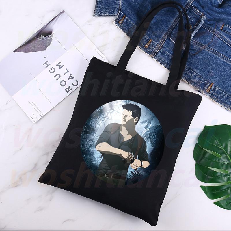 

Uncharted Ruben Fleischer Nathan Drake Shopping Bag Women Canvas Tote Bags Eco Bag Shopper Shoulder Bags Black 24*26cm