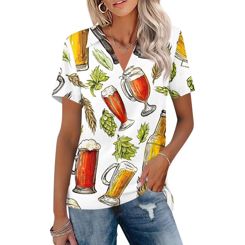 Women Casual V Neck Short Sleeve Oktoberfest Print Polo Shirt Lightweight Summer Top Relaxed Fit Blouse for Everyday Wear