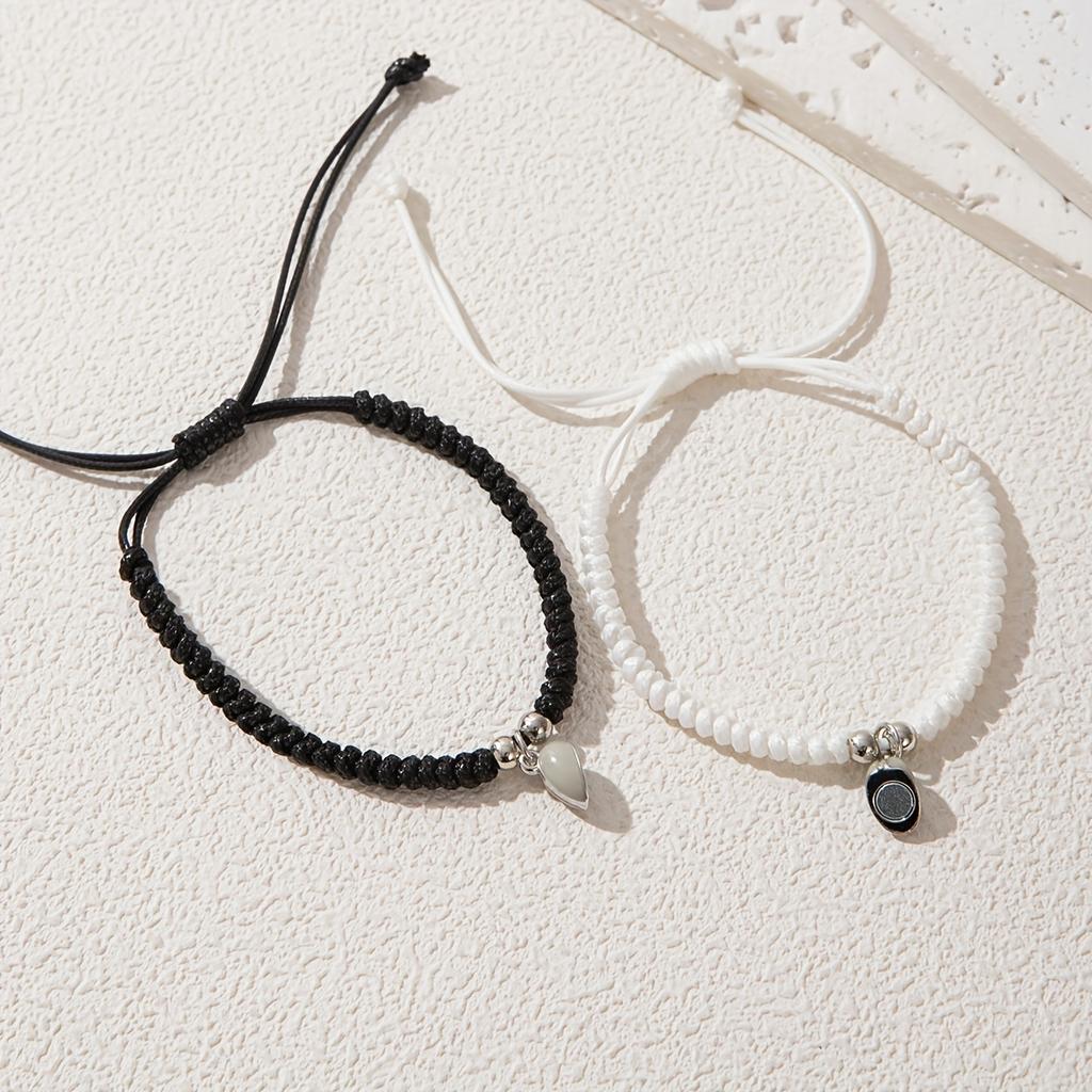 Glow-in-the-Dark Heart Charm Adjustable Woven Couple'S Bracelets, Simple Style, for Daily Wear & Valentine'S Day Gift, All Seasons