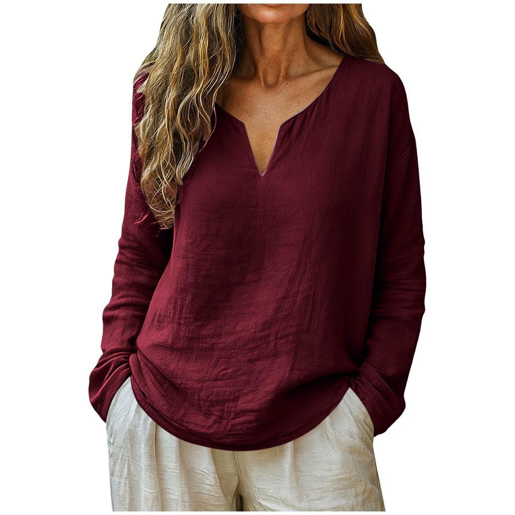 Women's Fashionable Loose-Fit -Color Cotton-Linen V-Neck Long-Sleeve Shirt