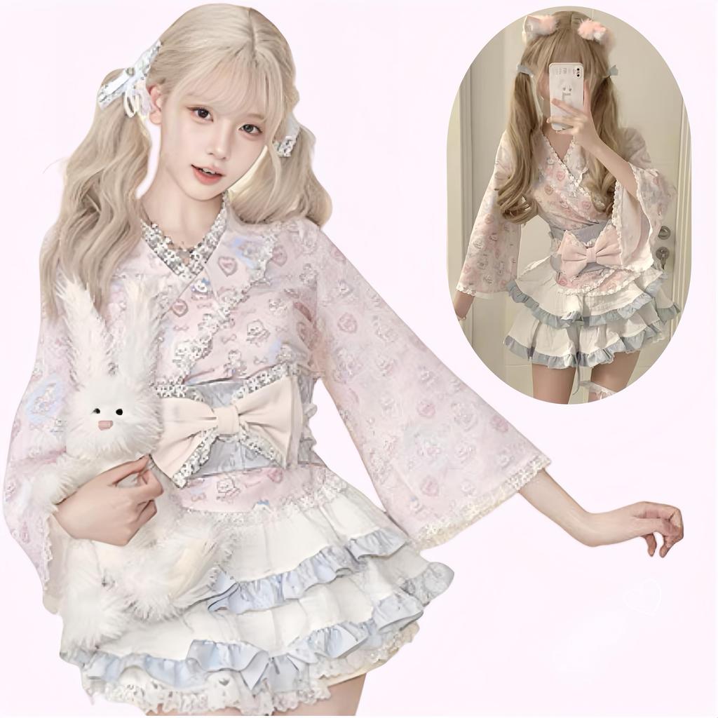 Ligwon Yukata Lolita Japanese Cosplay Top and Bottom Cute Costume for Cultural School Gift Dress, Pink, Style, Costume, Set, Women, Halloween,