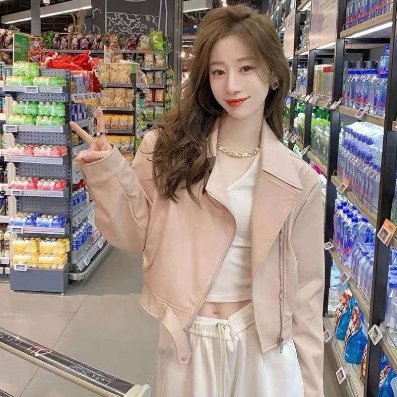 

Розовая короткая кожаная куртка-паровоз женская весенне-осенняя новая маленькая повседневная модная куртка из искусственной кожи топ S 80-57.5kg розовый