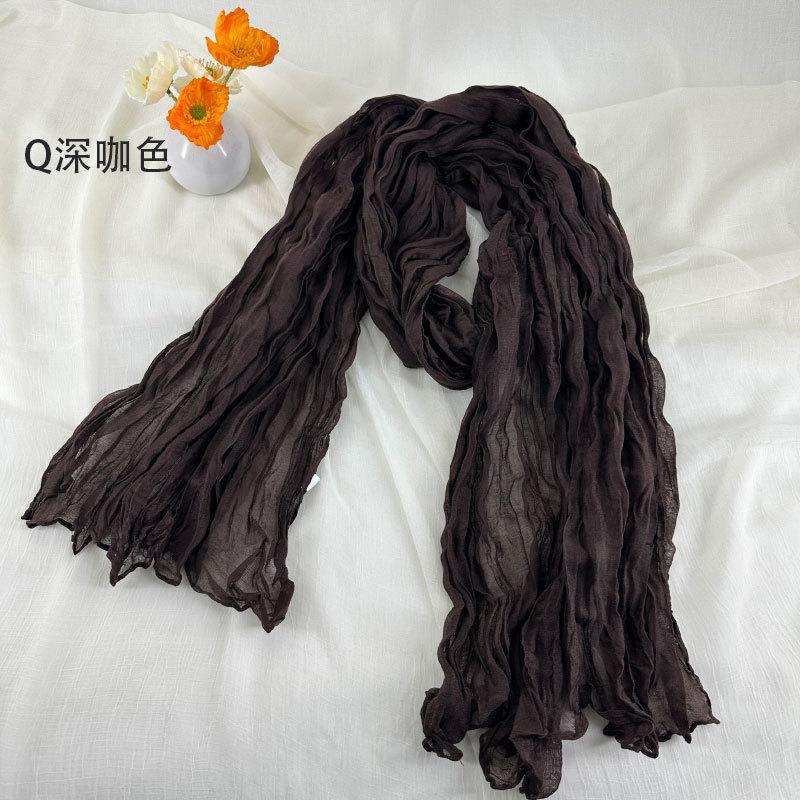 Women Soft Breathable Cotton and Linen Scarves Solid Color Pleated Scarf Retro Bohemian Style Long Wraps 180*90cm Multi Color