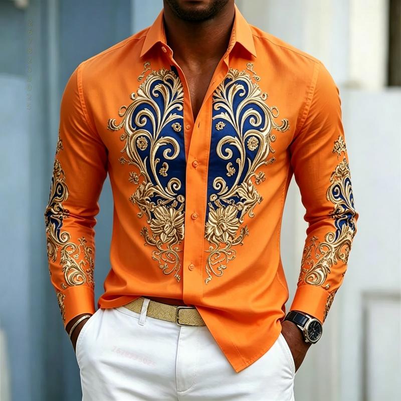 Camicia da uomo, top a maniche lunghe stile palazzo di lusso leggero, top con design a contrasto blu oro, abbigliamento uomo business casual