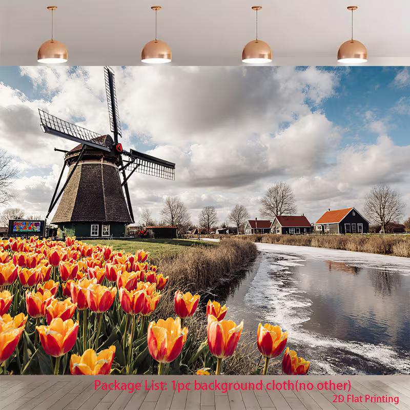 2D Holland Windmill Backdrop for Travel, Nature or Spring Festival Photoshoot 47.2x31.5inch/120*80cm