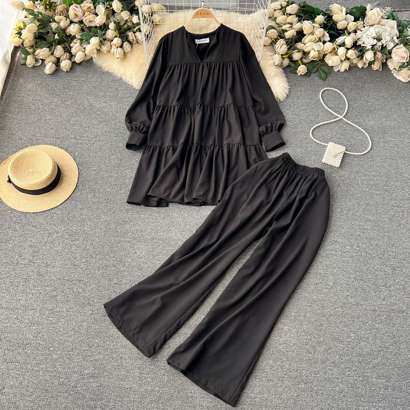 

K-style Loose Casual V-neck Ruched Wide Leg Shirt Black One size