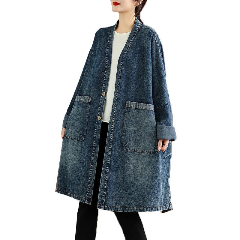 Women's V-neck Denim Jacket with Large Pockets Autumn New Style Medium To Long Windbreaker Large Size