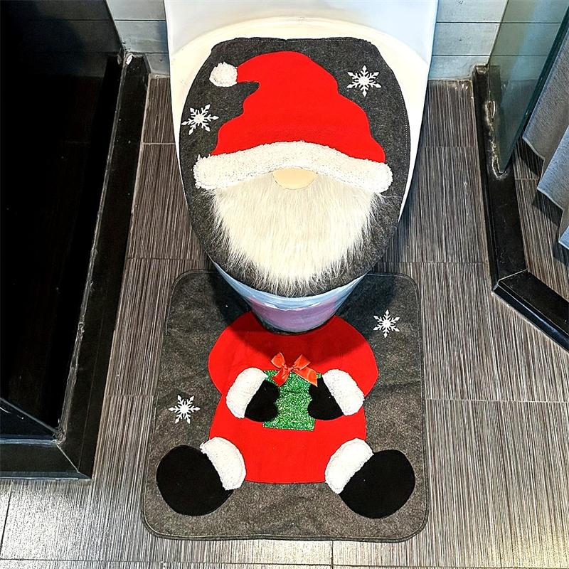 Santa Toilet Seat Cover Set 2PC, Christmas Bathroom Decor Santa on The Toilet Seat Cover and Mat for Xmas