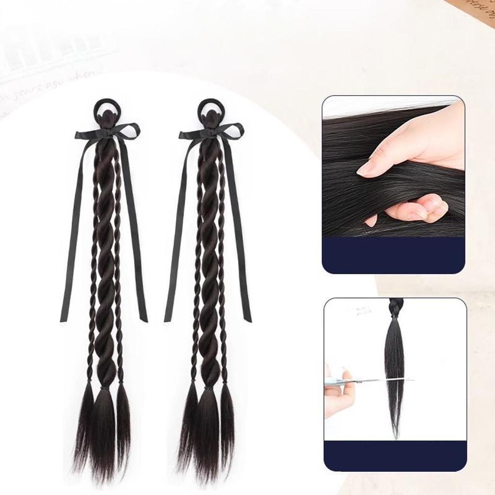 Synthetic Wig Double Twist Braid Head Rope Ribbon Female Sweet Natural College Style Bow Tie  Double Ponytail Wig Head Rope