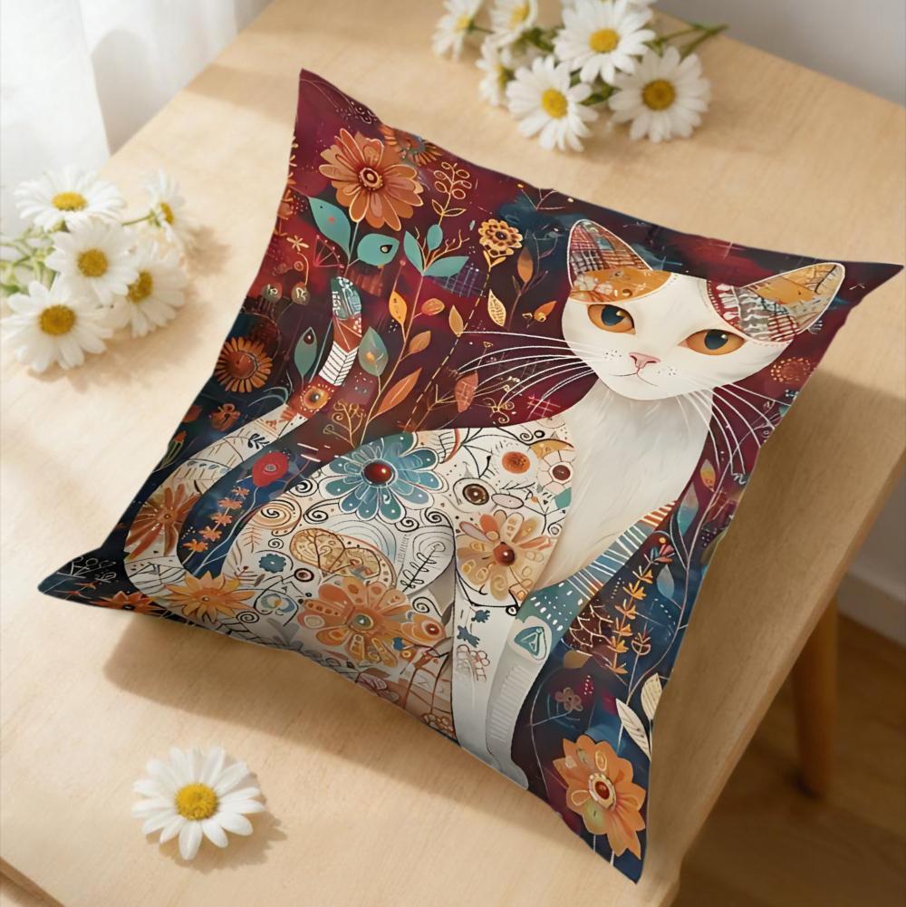 1Pc Bohemian Multicolor Floral Cat Print Square Cushion Cover Soft Breathable Sofa Bedroom Home Decor x-2