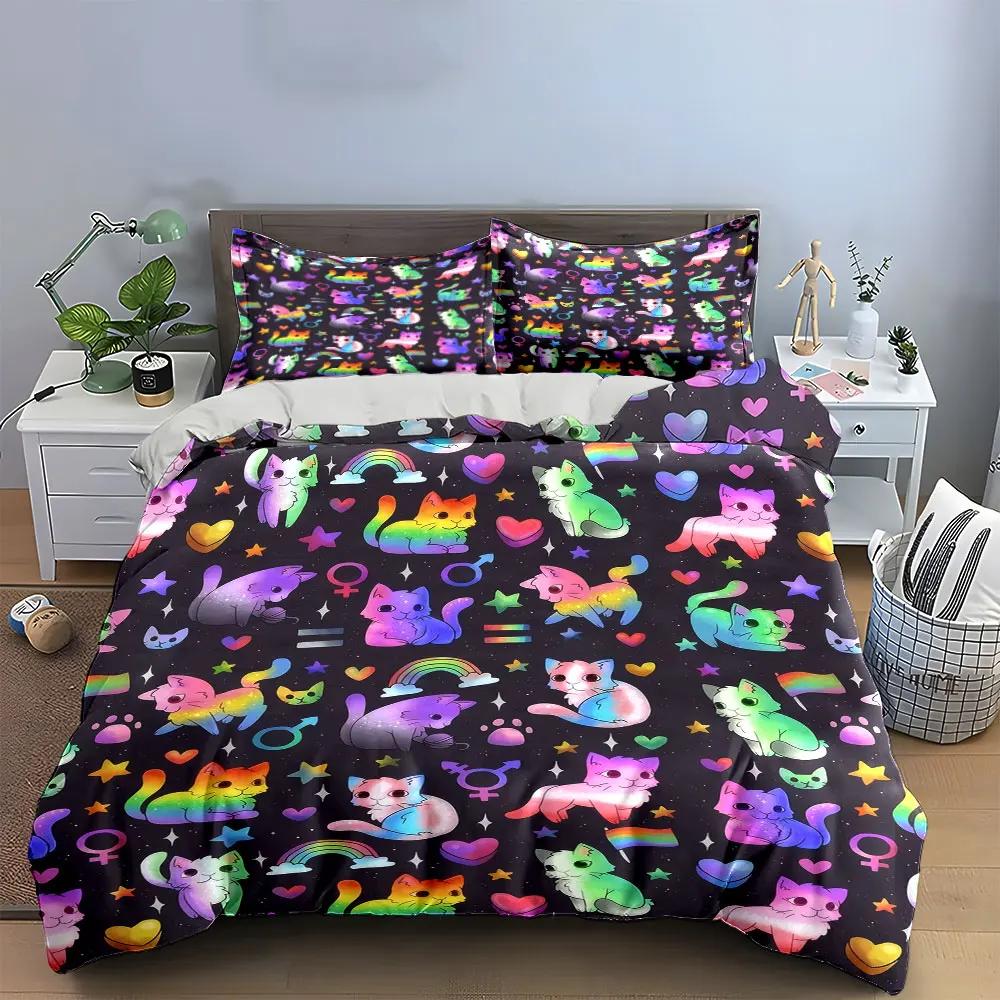 Regenbogen-Katzenmuster Dekorationsset Bettwäsche-Set mit 1 Bettbezug 2 Kissenbezügen Einzel Doppel King Queen Geschenk