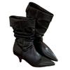 Suede pleated piled boots women's 2025 autumn and winter new pointed western cowboy boots lapel mid boots women
